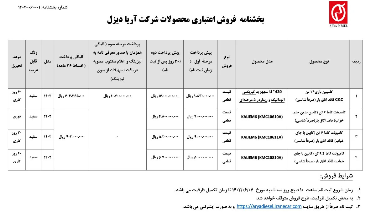 شرایط فروش نقدی و اقساط آریا دیزل